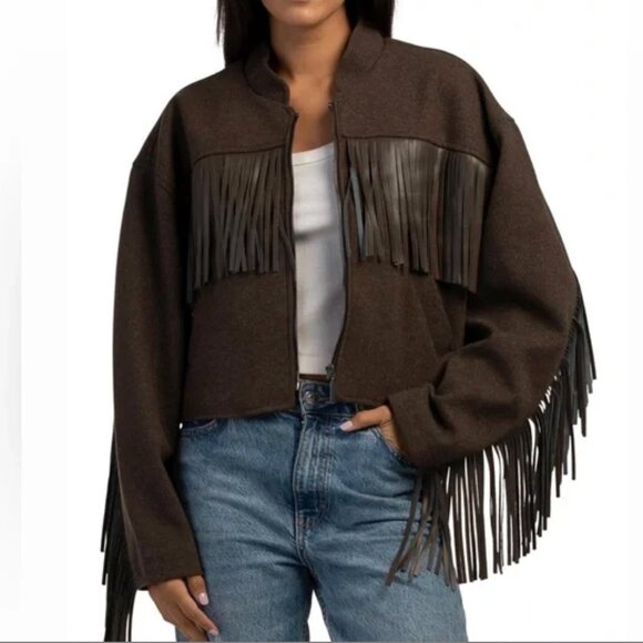 NWT BLANK NYC Chocolate Brown Fringe Bomber Jacket - Picture 1 of 4
